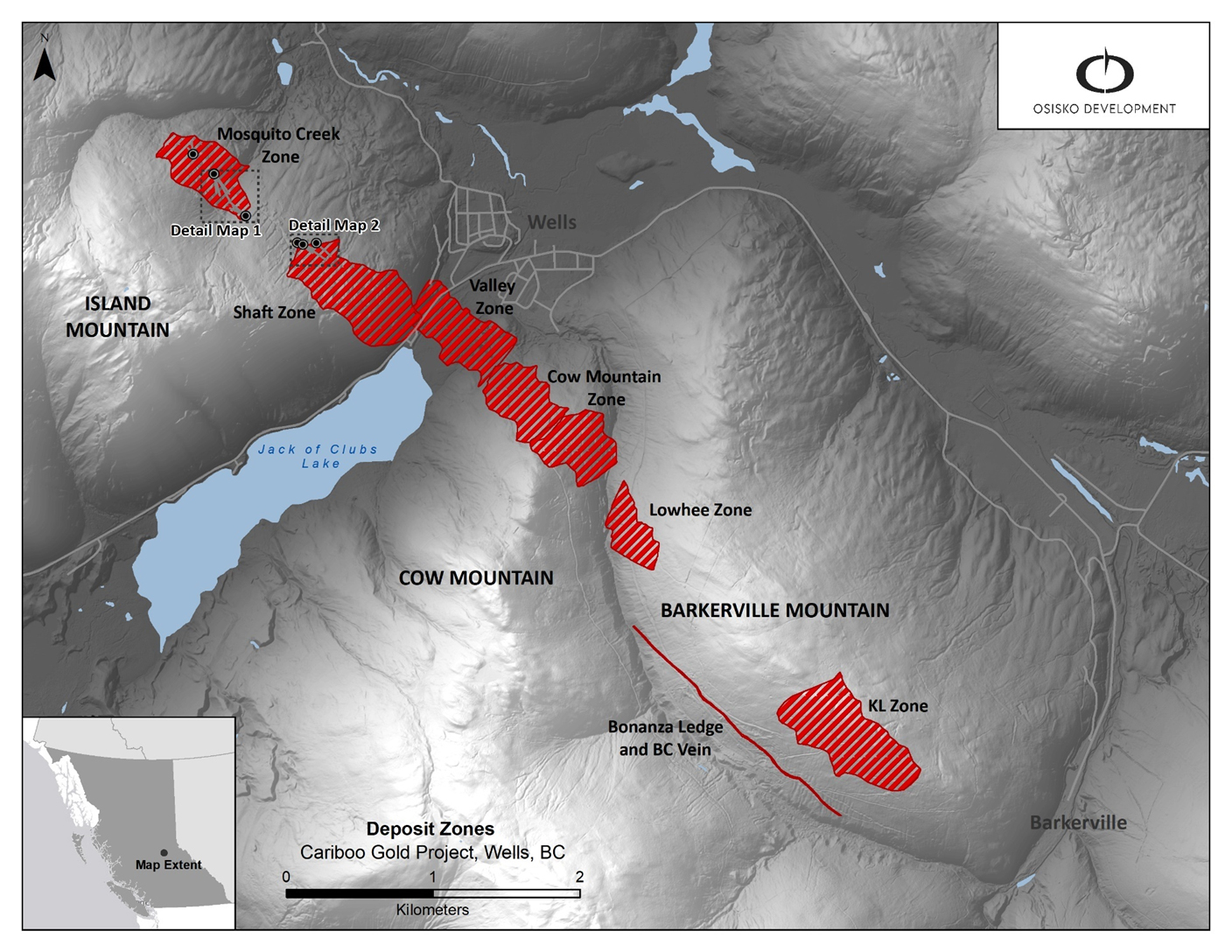 Figure 1: Cariboo deposit areas with drill locations