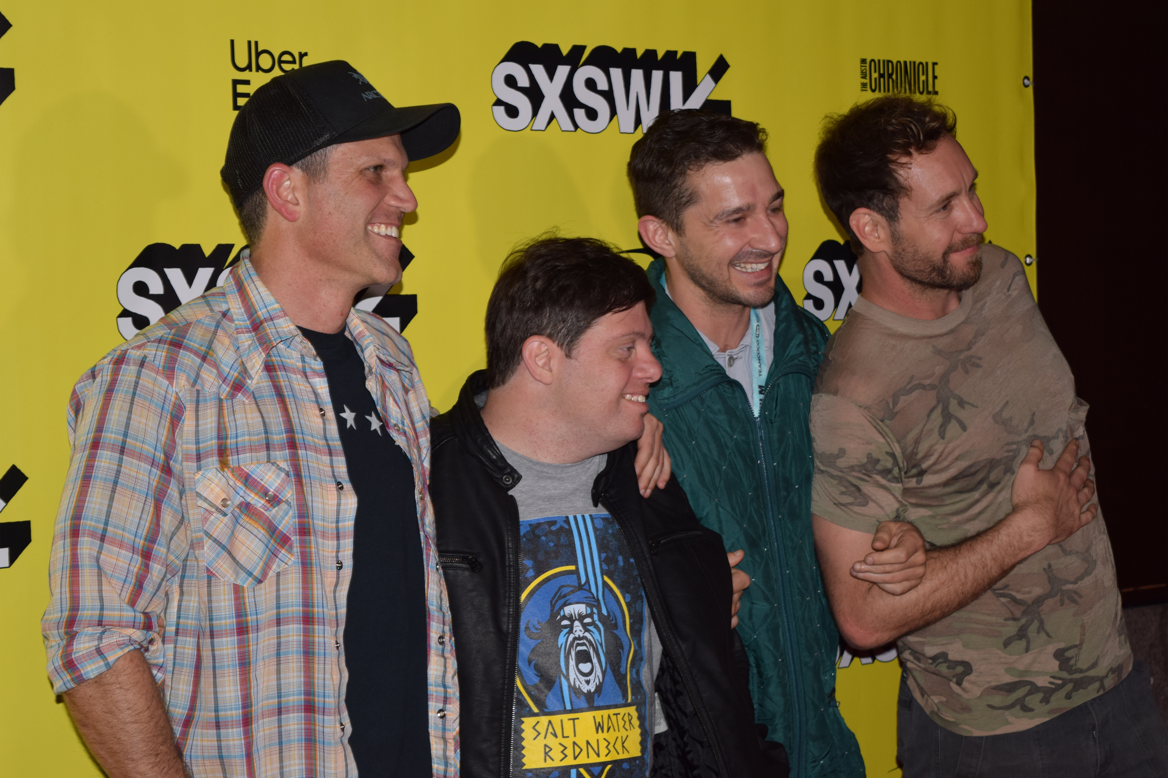 The crew is all smiles after winning the "Audience Award" at the 2019 SXSW Film Festival. (L-R): Michael Schwartz, Zack Gottsagen, Shia LaBeouf, Tyler Nilson 