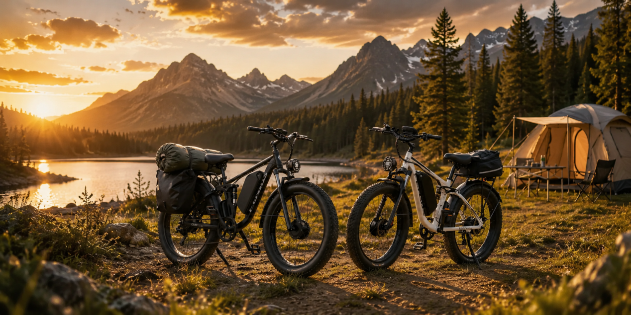 Two loaded e-bikes parked by a serene lakeside campsite during a golden hour