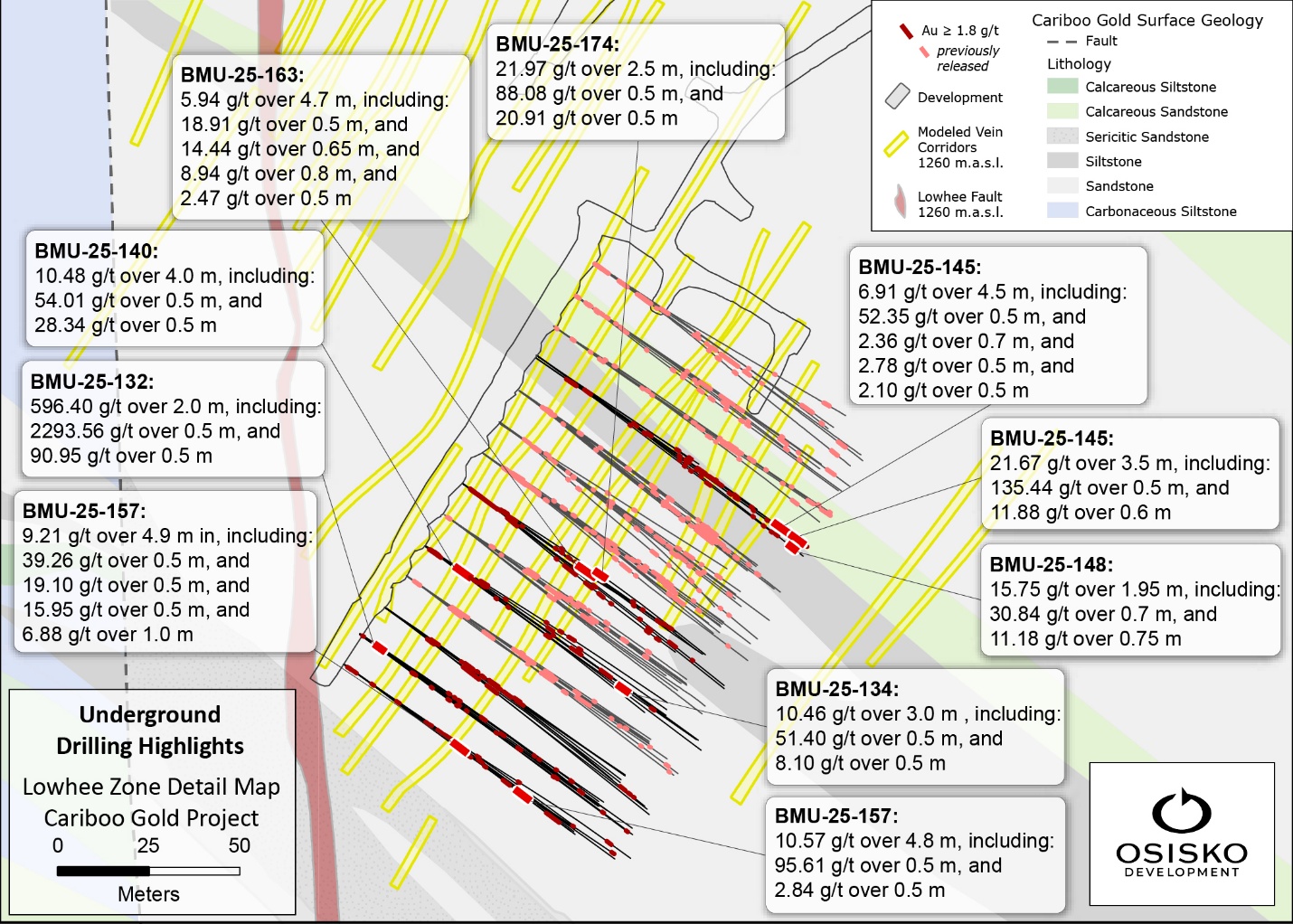 Figure 3: Lowhee Zone infill select underground drilling highlights (plan view).