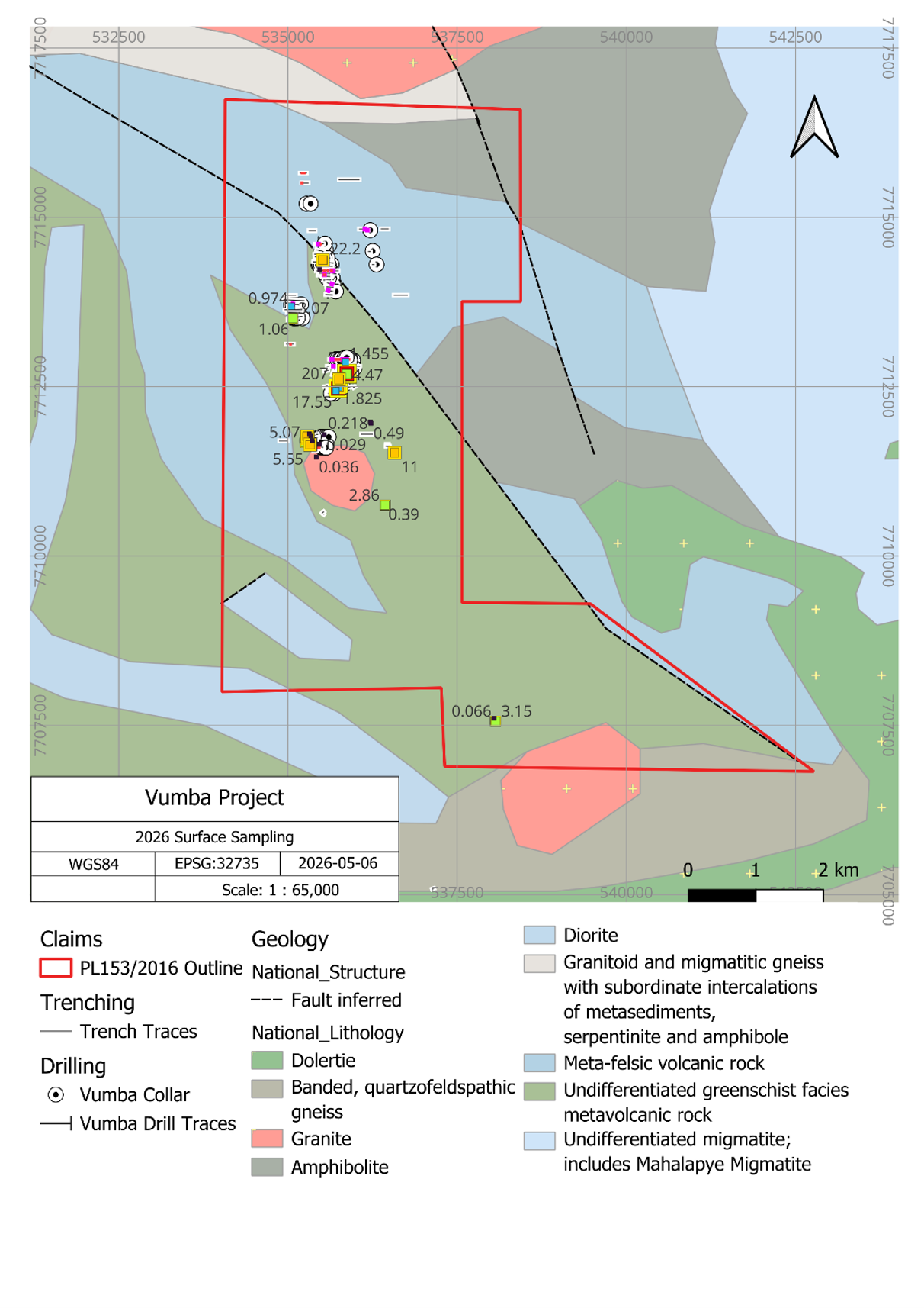 Simplified geology of the Vumba Gold Project showing historical drilling, trenching, principal geological units and selected 2026 surface sampling results.