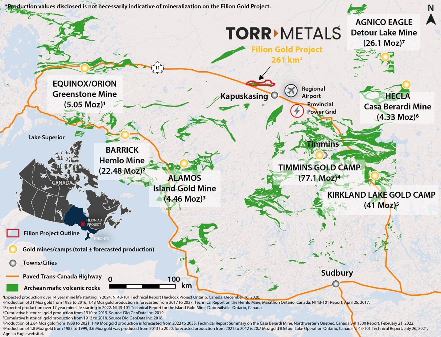 Filion Project location within the prolific gold-endowed greenstone belts of the Wabigoon, Wawa, and Abitibi subprovinces of northern Ontario. Figure includes the positions as well as total historical and forecasted production of major regional gold mines.