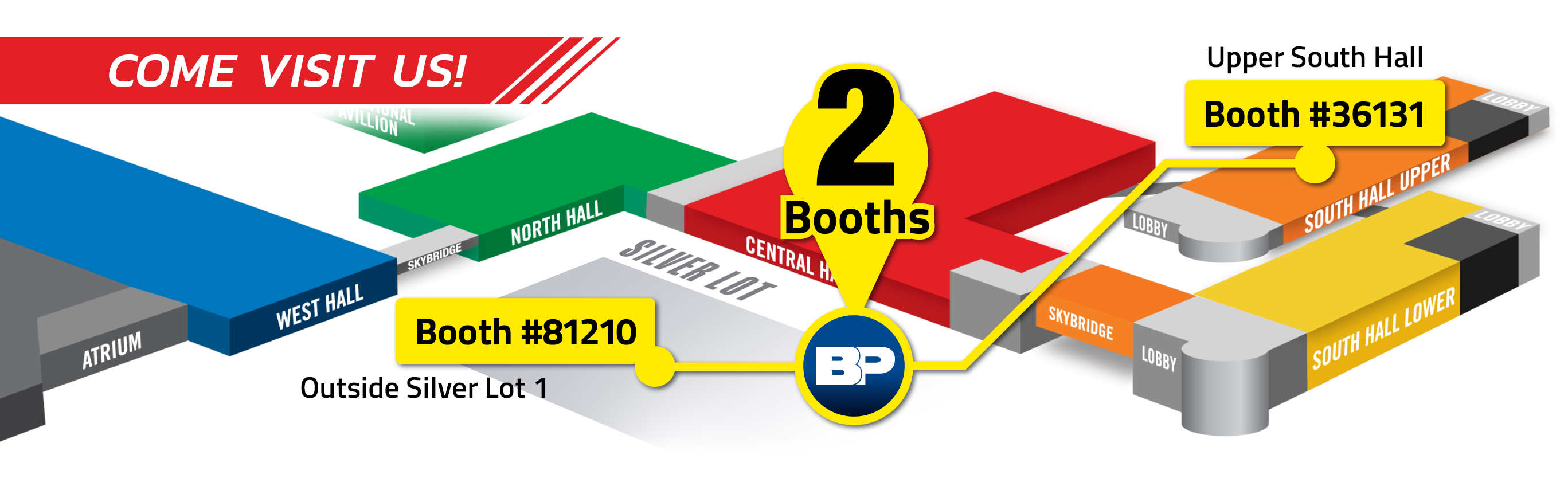 2025 SEMA Show map calling out 2 BendPak booth locations in the Las Vegas Convention Center Silver Lot and South Hall Upper 