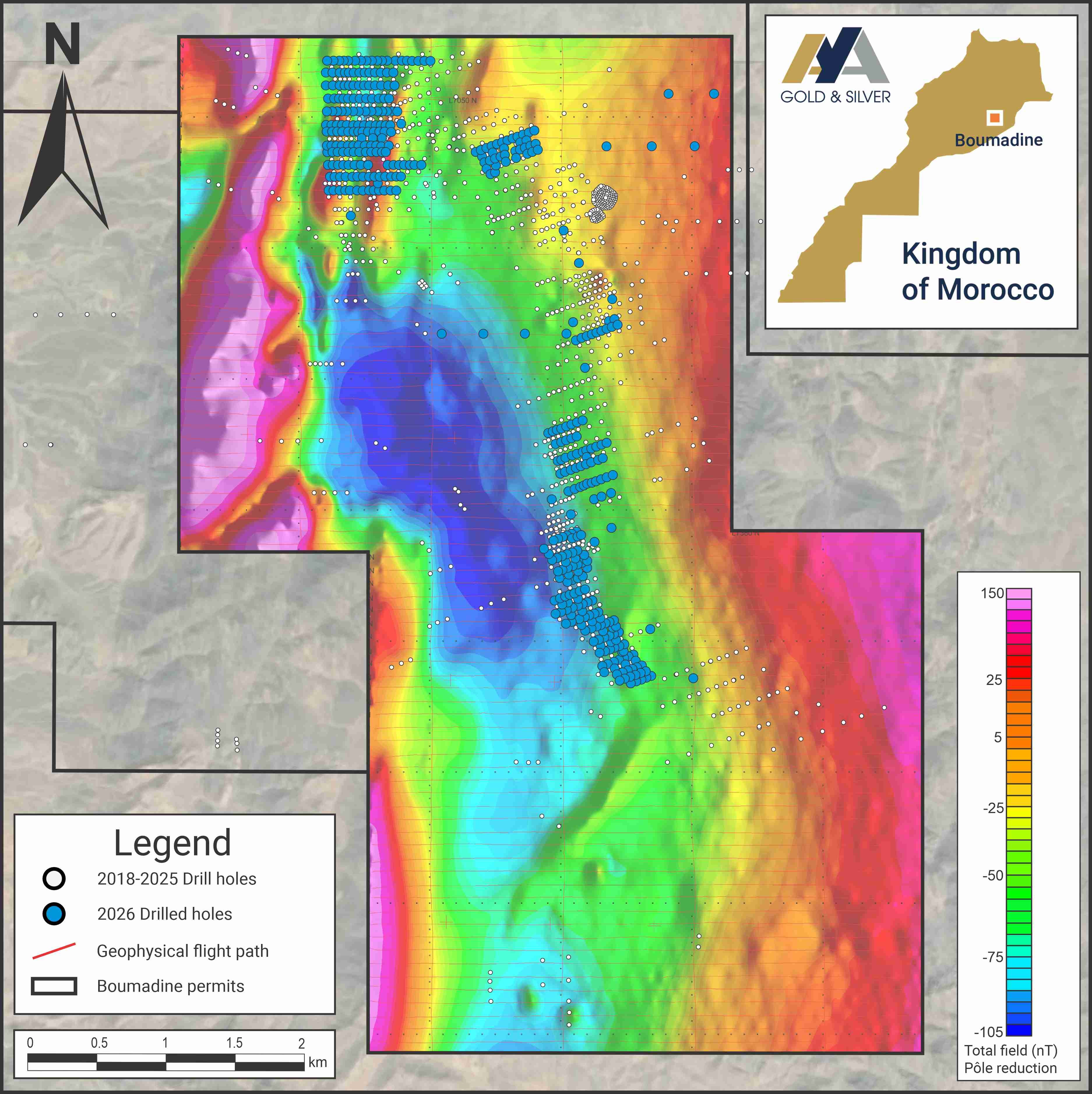 Boumadine Mining Licence Surface Plan with Magnetic Data (Residual Total Field) and 2026 Drill Holes