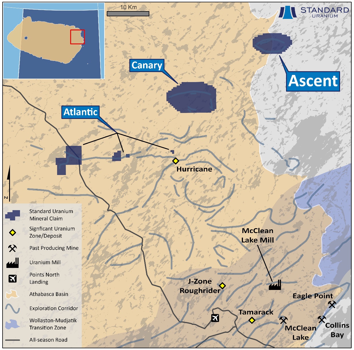 Overview of the eastern Athabasca Basin, highlighting Standard Uranium’s Ascent project.