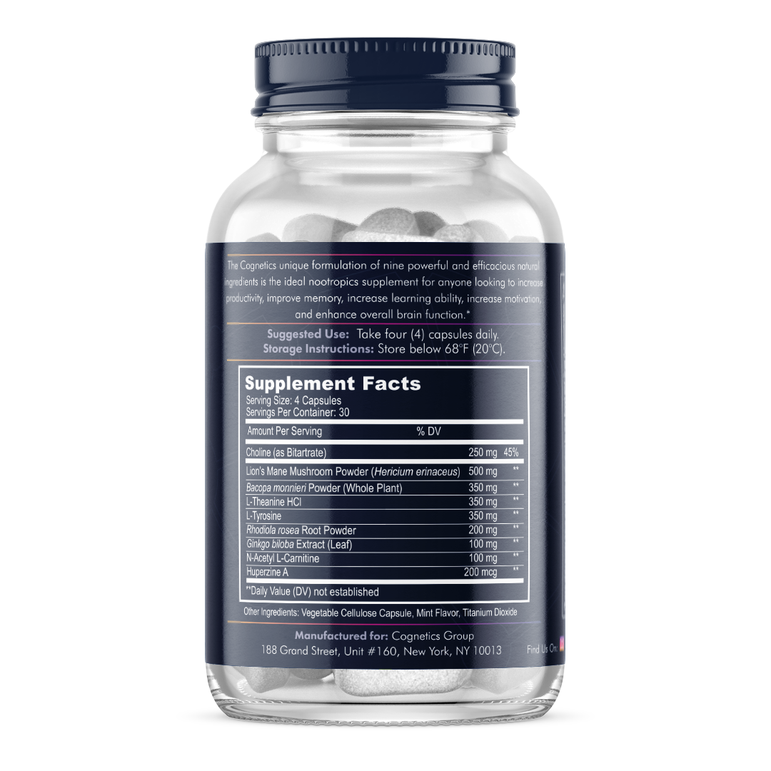 Cognetics EXCEL’s formula includes nine powerful and effective natural ingredients, such as Lion’s Mane, Choline Bitartrate, N-Acetyl Carnitine, Tyrosine, Theanine, Bacopa Monnieri, Ginkgo Biloba Extract, Huperzine A, and Rhodiola Rosea.

