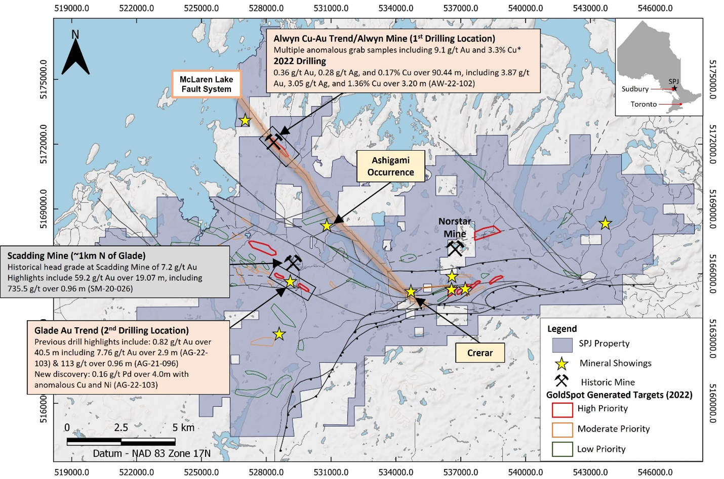 Locations of 2023 drilling, starting with the Alwyn Cu-Au trend and moving onto the Glade Au trend, with the possibility of pursuing the Ashigami occurence. *The reader is cautioned that grab samples are selective by nature and do not represent the true metal content of the mineralized zone