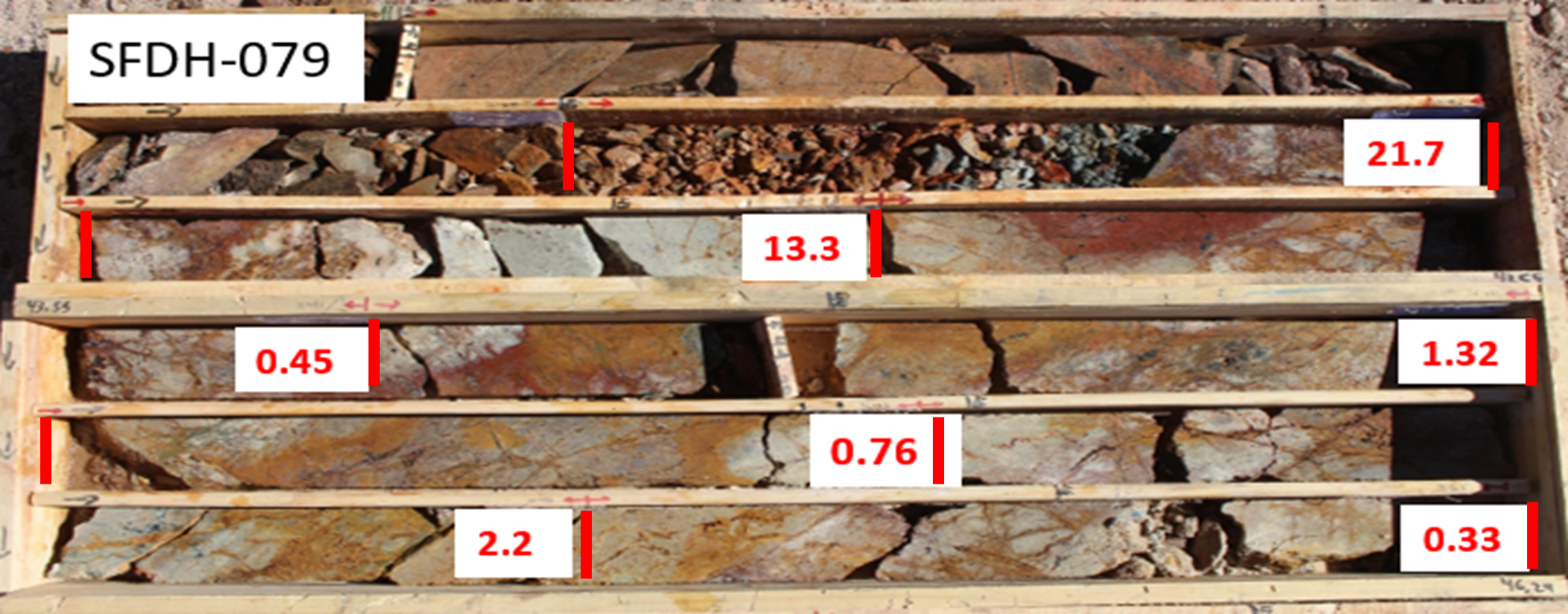 Veta Rica drill core from drill hole SFDH-079 with gold grades (g/t).