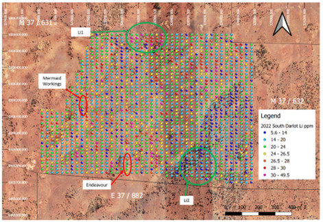 Li (ppm) dispersion in the South Darlot Gold Project.