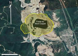 Vue en plan de l'empreinte de la fosse Whittle actuellement modélisée, englobant les ressources minérales du cas de base