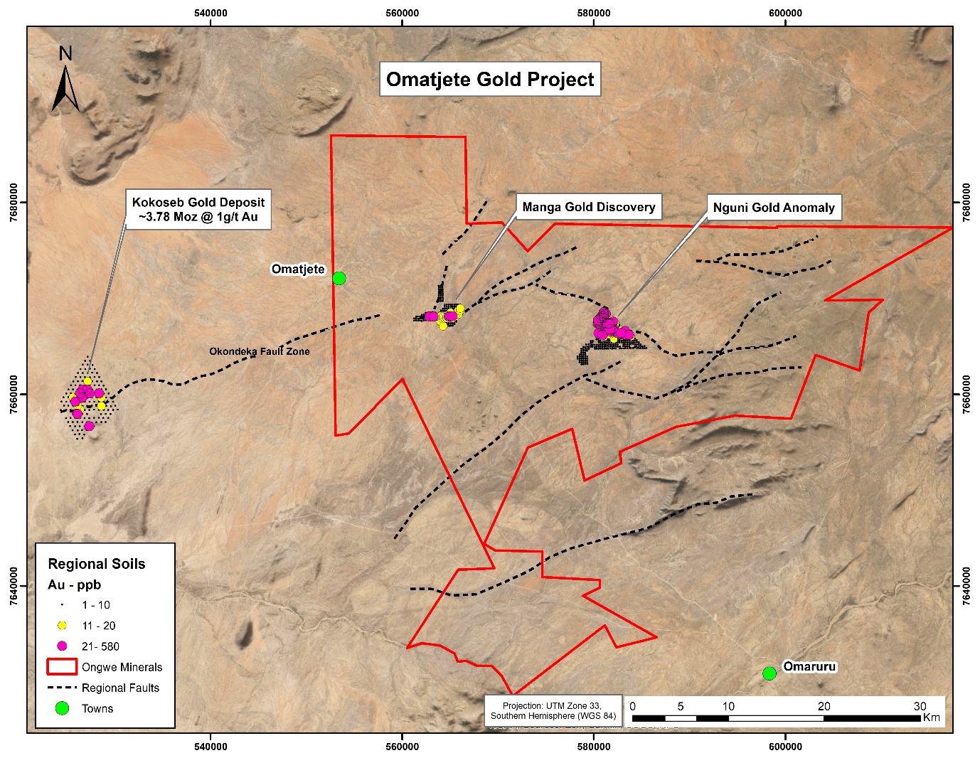 Map illustrating the Nguni Gold Anomaly in relation to the Manga Gold Discovery and the initial soil sampling results at the Kokoseb Gold Deposit