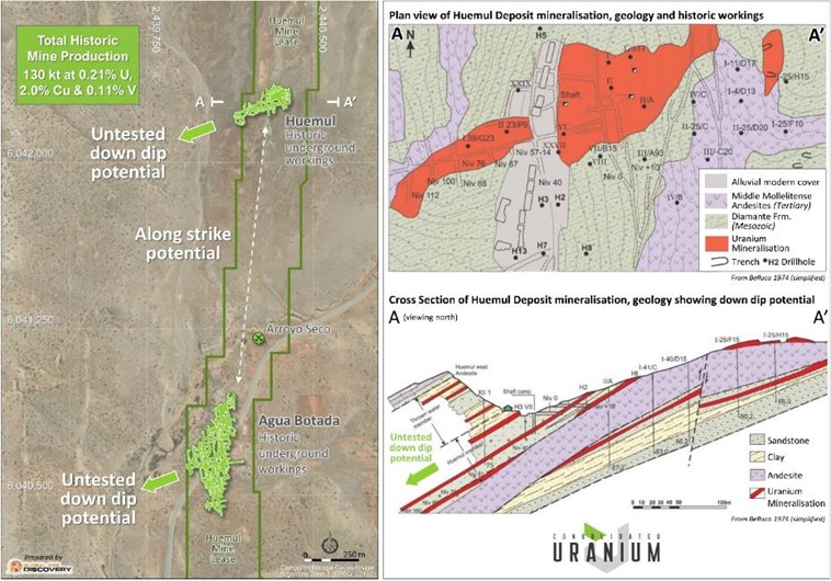 Geological map and section through the historic Huemul mine operation