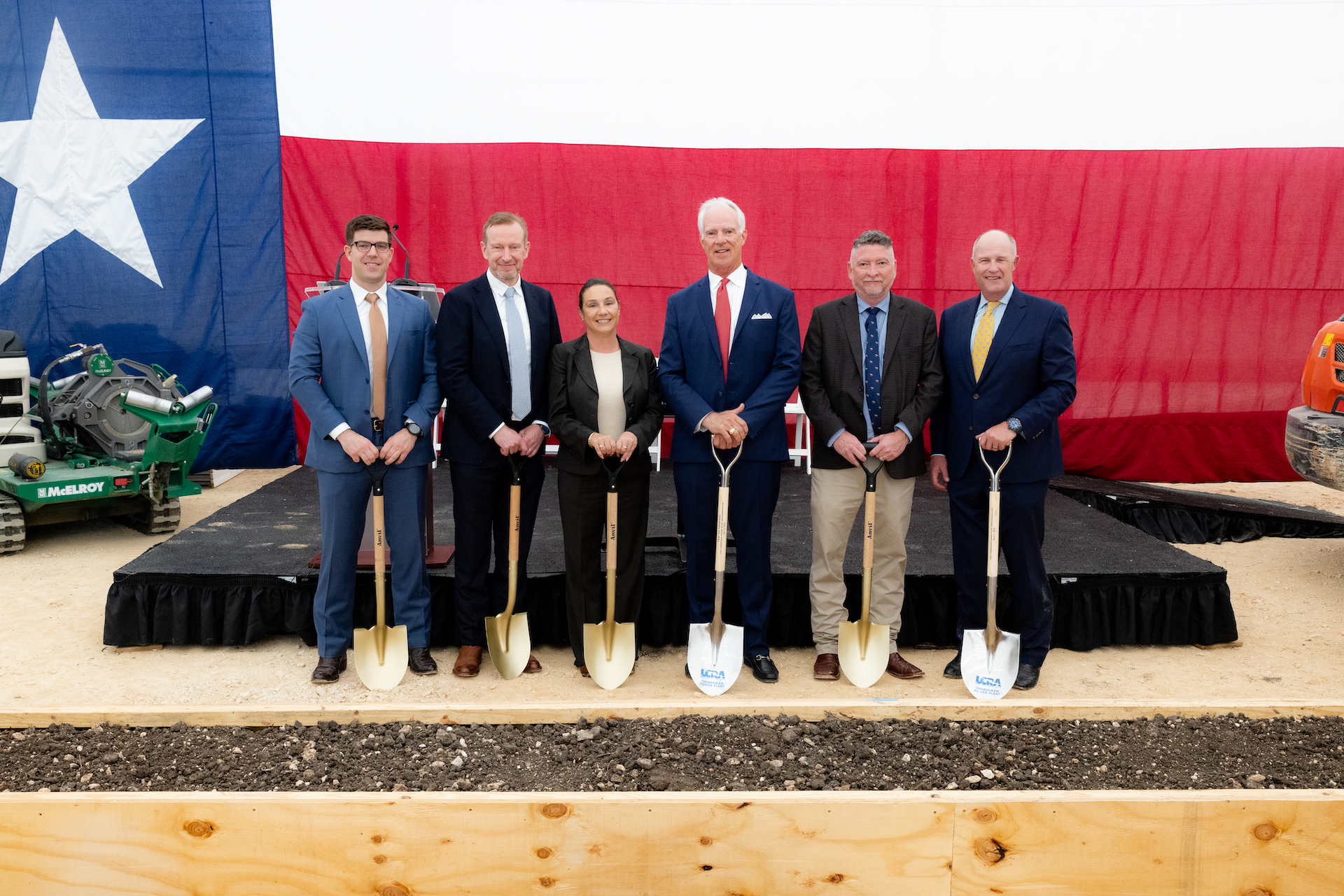 Wartsila joins LCRA officials at a ceremonial groundbreaking Tuesday at the site of a two-unit peaker plant LCRA is building near Maxwell, Texas. Pictured from left, are: Andreas Bucheler, Senior Manager, Strategic Initiatives, Wärtsilä; Risto Paldanius, Vice President, Americas, Wärtsilä; Randa Stephenson, LCRA executive vice president and chief operating officer of Wholesale Power; Tim Timmerman, chair of the LCRA Board of Directors; Andrew Valencia, senior vice president of Generation at LCRA; and Phil Wilson, LCRA general manager. The new Timmerman Power Plant will be able to produce about 380 megawatts of power.