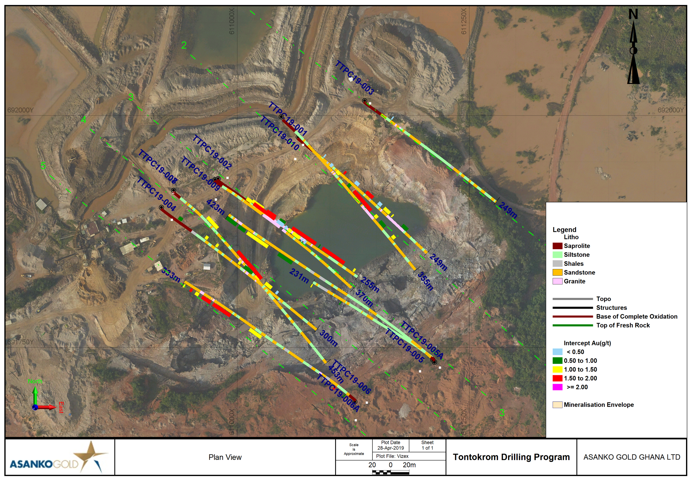 Figure 1: Tontokrom Target showing drilled hole locations for the Phase 1 drilling program as well as the small scale mining pit (filled with water)