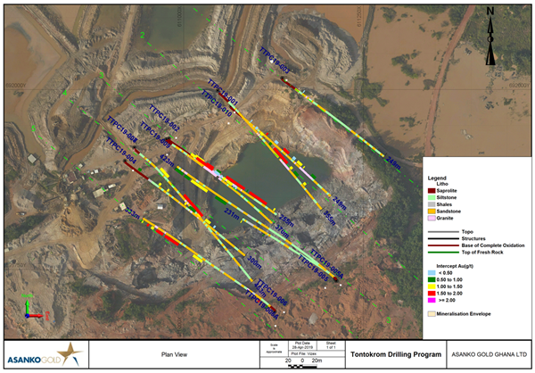 Figure 1: Tontokrom Target showing drilled hole locations for the Phase 1 drilling program as well as the small scale mining pit (filled with water)