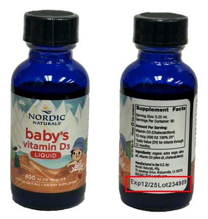 Consumers, distributors, and retailers in possession of the Nordic Naturals Baby’s Vitamin D3 Liquid recalled product should discontinue use immediately and return it to the place of purchase for a refund or replacement. The affected lot number is 234909, with an expiration date of December 2025, and can be found on the back of the box and on the bottle.