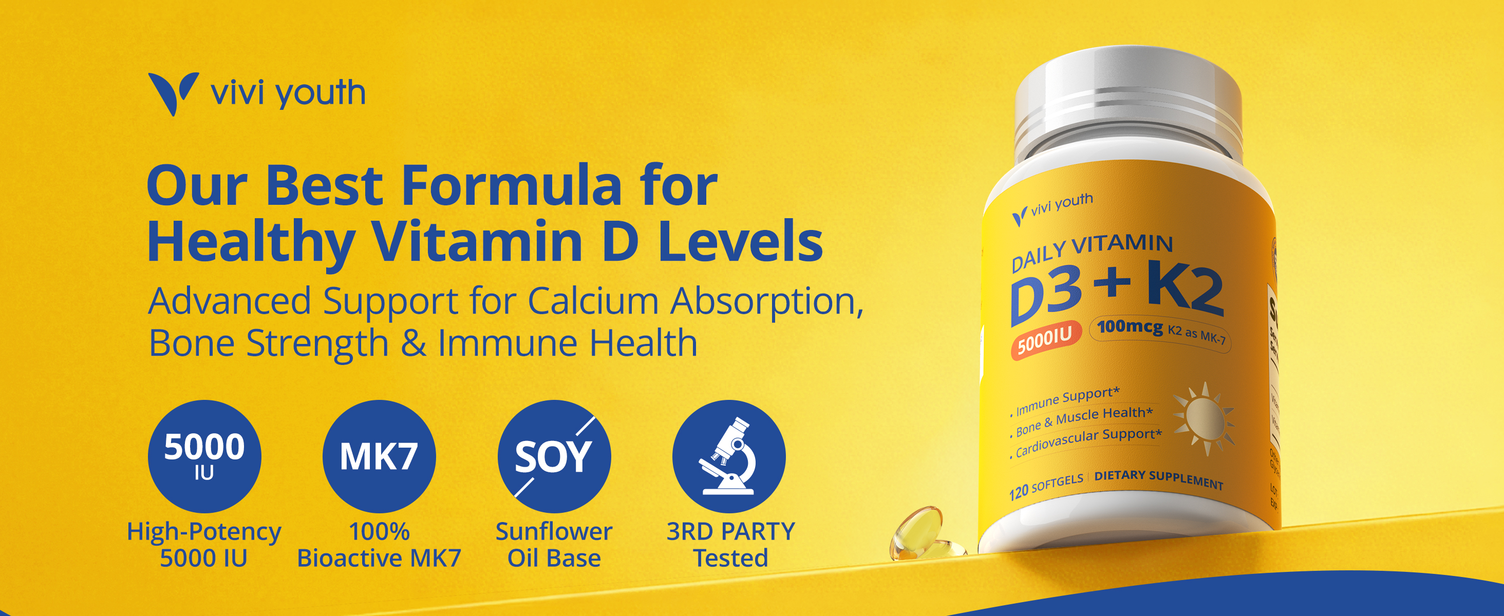 ViVi Youth Vitamin D3 K2 Supplement bottle featuring 5,000 IU D3 and MK-7 softgel formula.