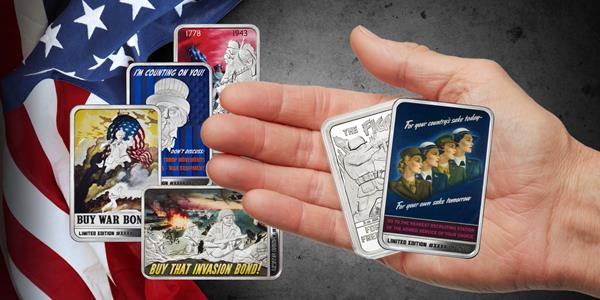 Picture Two: Osborne Mint – “Fight For Freedom’s Sake” Now a Collection of Five	

The “Fight for Freedom’s Sake” collection of 2 Troy Ounce .999 fine silver ingots introduces the fifth collectible: “For your country’s sake today – For your own sake tomorrow.” These custom designed and minted ingots commemorate the WWII propaganda posters.  These may be purchased individually or as a complete set.  #OsborneMint 

