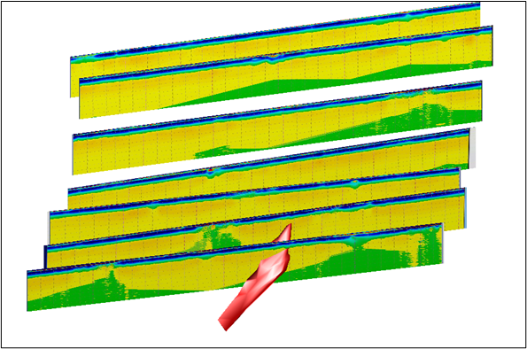 Lines of the DGPR survey in relation to the Endeavour lode (red) (looking west)