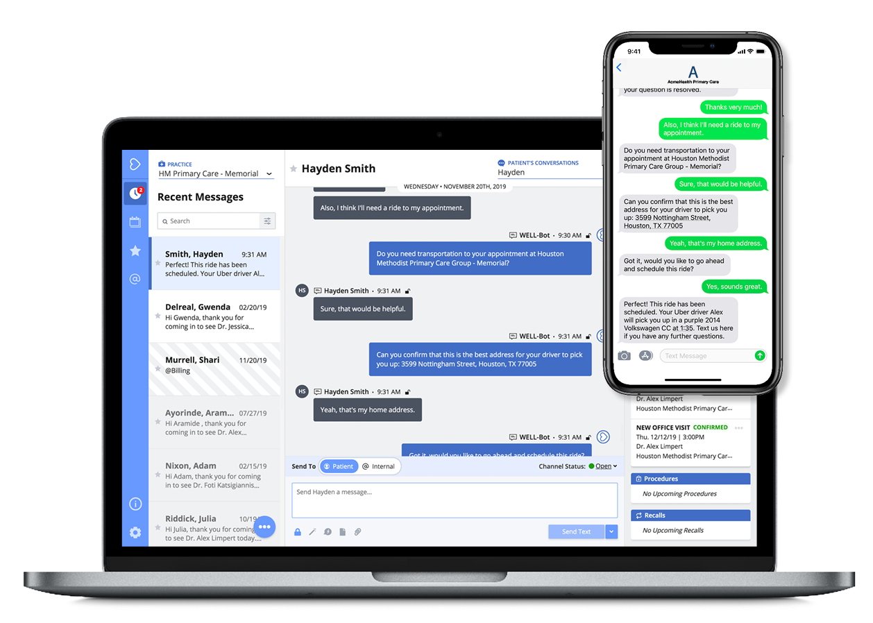 WELL Health enables conversations between patients and healthcare organizations through secure, multilingual messaging in the patient’s preferred communications channel: texting, email, telephone, and live chat. (Healthcare provider view on laptop. Patient view on smartphone).