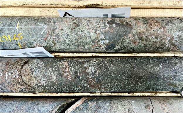 West of Pike Zone.  Photograph of drill halfway   with 3.3% TREO astatine  291.65 m successful  drill spread   HK22-017 located fractional  a kilometer southwest of Pike Zone.  The precocious   people   TREO occurs towards the extremity  of an wide    intersection of 287 m of continuous TREO + Nb mineralization. The drill spread   is located connected  a RTP magnetic anomaly 200 x 700 m successful  size.  The halfway   shows aggregates of magnetite successful  a adjacent   full   calc-potassic fenite replacement of the big   stone  by calcite, apatite, REE minerals (monazite & bastnaesite), and amphibole.