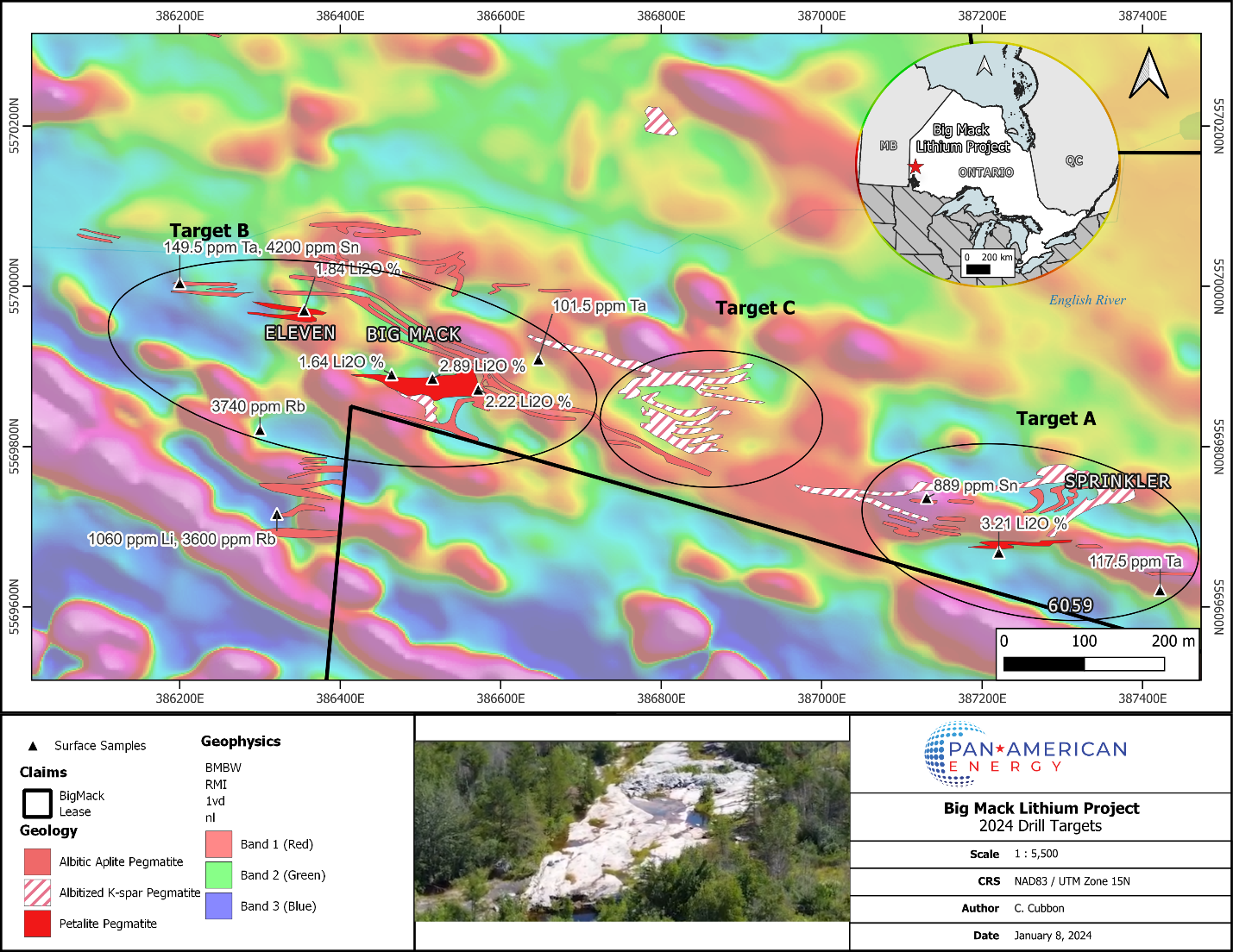 2024 Drilling Target Locations including select surface samples from 2023 field program