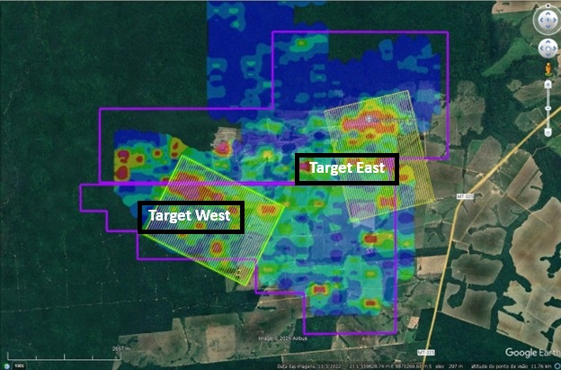 Copeçal Project showing the location of the Priority East and West Targets with VLF survey lines (in yellow) over AU anomalies
