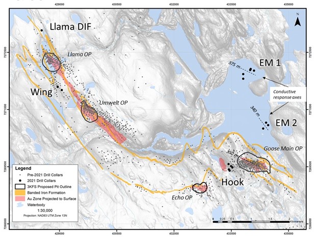 Plan map of 2021 drill hole collar locations highlighting lengths of conductive responses from Dighem CX 5500 Conductivity survey. Iron Formation shown on surface and Au zones projected to Surface.
