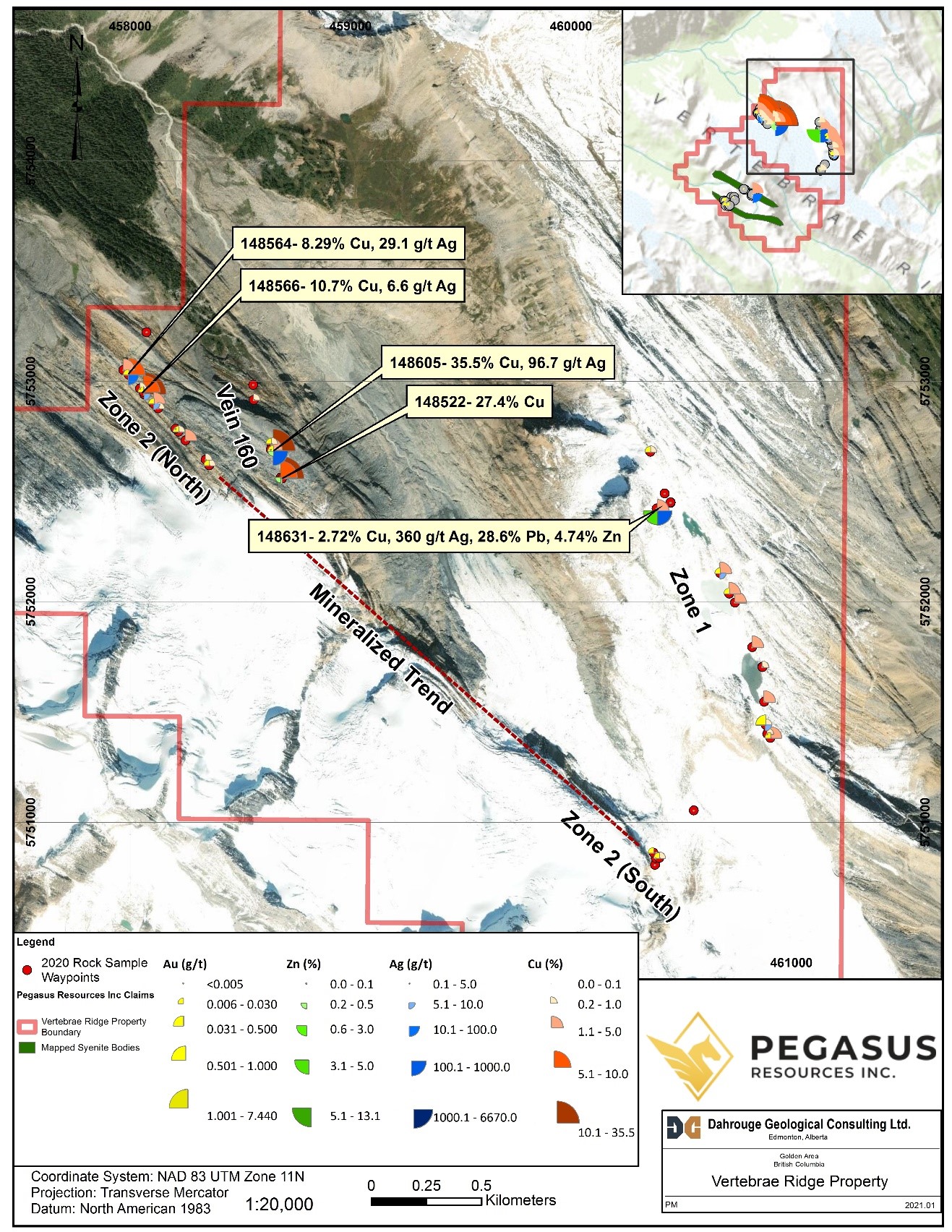 Figure 3: Vertebrae property sample locations. An inferred mineralized trend likely exists between the northern and southern extents of Zone 2