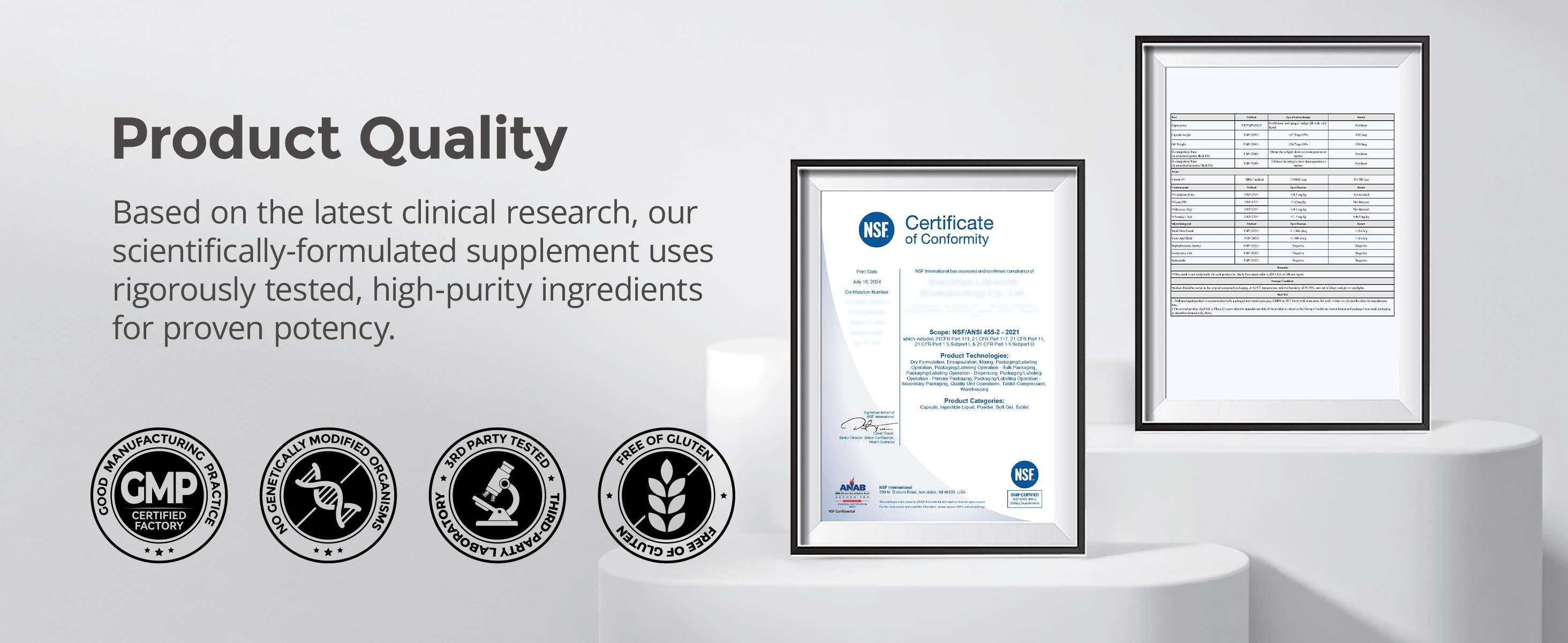Product quality badges and NSF Certificate of Conformity highlight HojaSana Vitamin D3 K2 third-party tested standards.