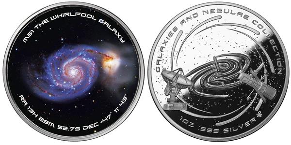Picture One: Whirlpool Galaxy (M51) Solid Silver Spinner Collectible Round
 
The Whirlpool Galaxy collectible round is an example of a spiral galaxy.  The featured image is a direct downloaded from the Hubble Space Telescope.  The round is one troy ounce of .999 fine silver, measuring 39mm diameter and thickness of 0.12”.  Each Round is numbered and paired with a matching numbered certificate and delivered in a sealable capsule.
These unique solid silver collectibles actually spin!

For more information on Osborne Mint visit our website at www.OsborneMint.com / #OsborneMint
