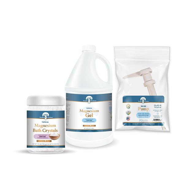 Health and Wisdom’s affordable topical magnesium product line, which contains all-natural minerals and ingredients, includes 1) Magnesium Oil USP: Purified, full-strength magnesium chloride used to help build up cellular magnesium levels throughout the body. 2) Magnesium Oil USP with Aloe Vera: All the same benefits of Magnesium Oil USP and includes aloe vera to help soothe the skin and retain moisture. 3) Magnesium Gel: Less concentrated, Magnesium Gel provides the benefits of purified magnesium chloride formulated with seaweed extract for people with more sensitive skin. 4) Magnesium Gel with Aloe Vera: The same sensitive skin formula as the Magnesium Gel and also contains aloe vera. 5) Magnesium Bath Crystals: Highly concentrated magnesium chloride in a solid form that you can add to bath water or foot soaks to help your body absorb the elemental magnesium it needs to function at its optimal level.
