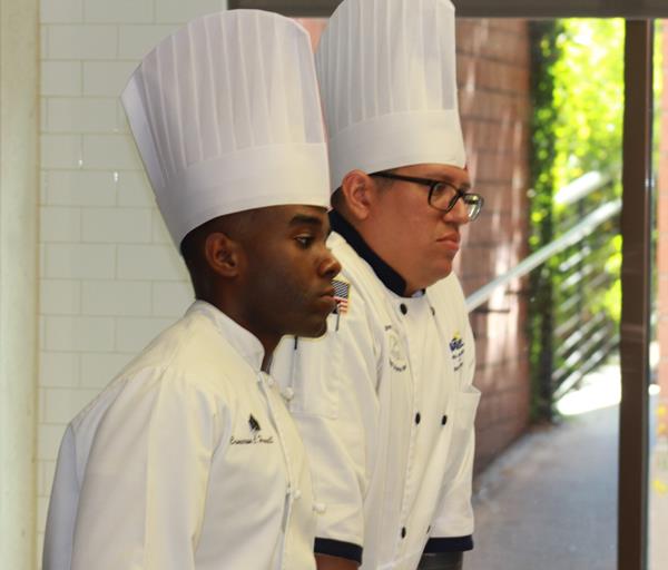 Marine Corps Sergeant Cameron Harrell and Navy CS3 Nestor Arevalo participate in the NRAEF’s week-long culinary training, developed just for U.S. Service Members at The Culinary Institute of America Texas campus in San Antonio.