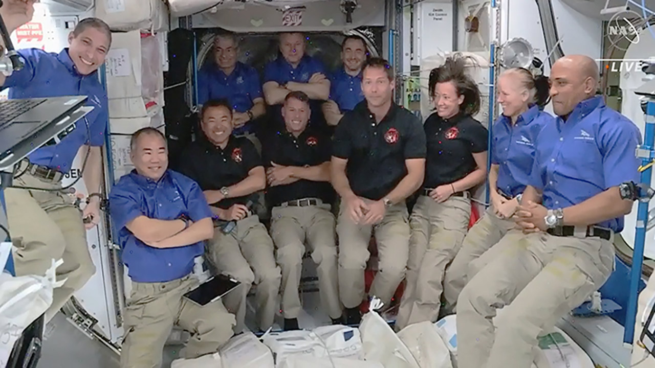SpaceX Crew-2 astronauts join other members of the International Space Station crew. Image courtesy of NASA TV.