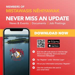 The Mistawasis Nêhiyawak mobile app displayed on an iphone. There is a QR code to scan and download the app.