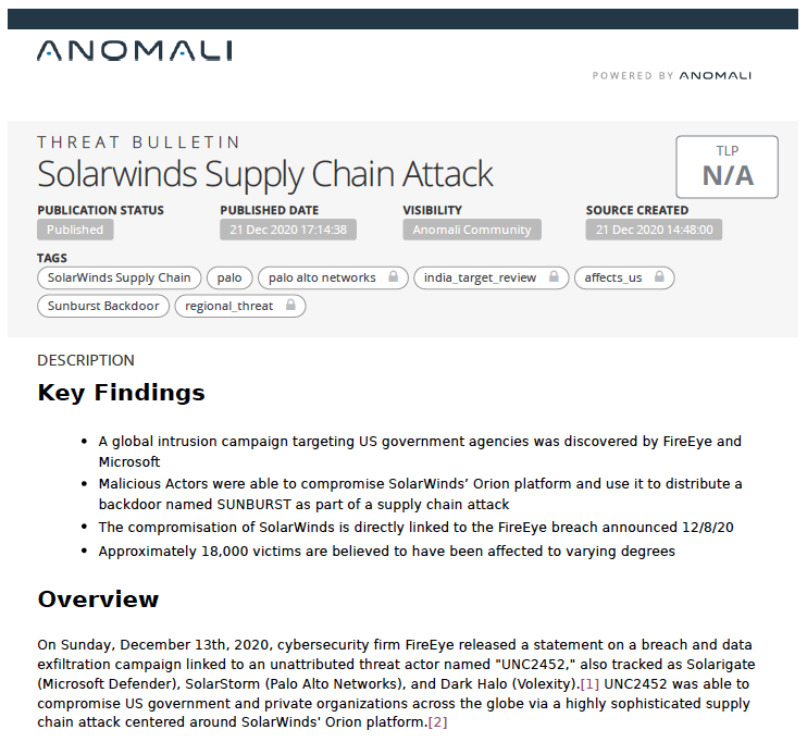 Anomali Solarwinds Sunburst Threat Intelligence Bulleting screen shot