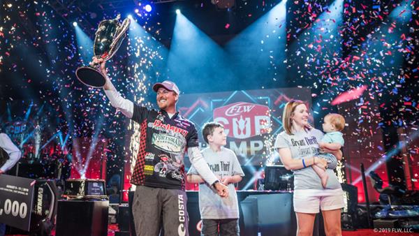 Pro Bryan Thrift of Shelby, North Carolina, brought a five-bass limit to the stage weighing 10 pounds, 13 ounces to win the FLW Cup on Lake Hamilton, with a three-day total of 15 bass weighing 38 pounds, 7 ounces.