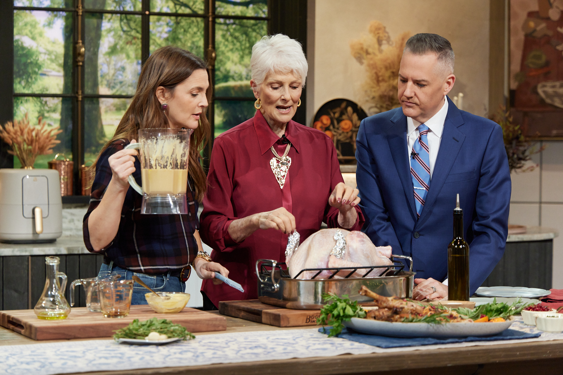 Cristina Ferrare with Drew Barrymore and Ross Mathews on The Drew Barrymore Show