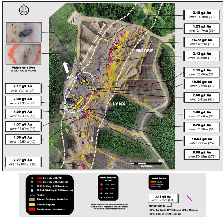 Map of the Lynx Gold Zone drill intercepts over 25 MF (g/t * thickness)