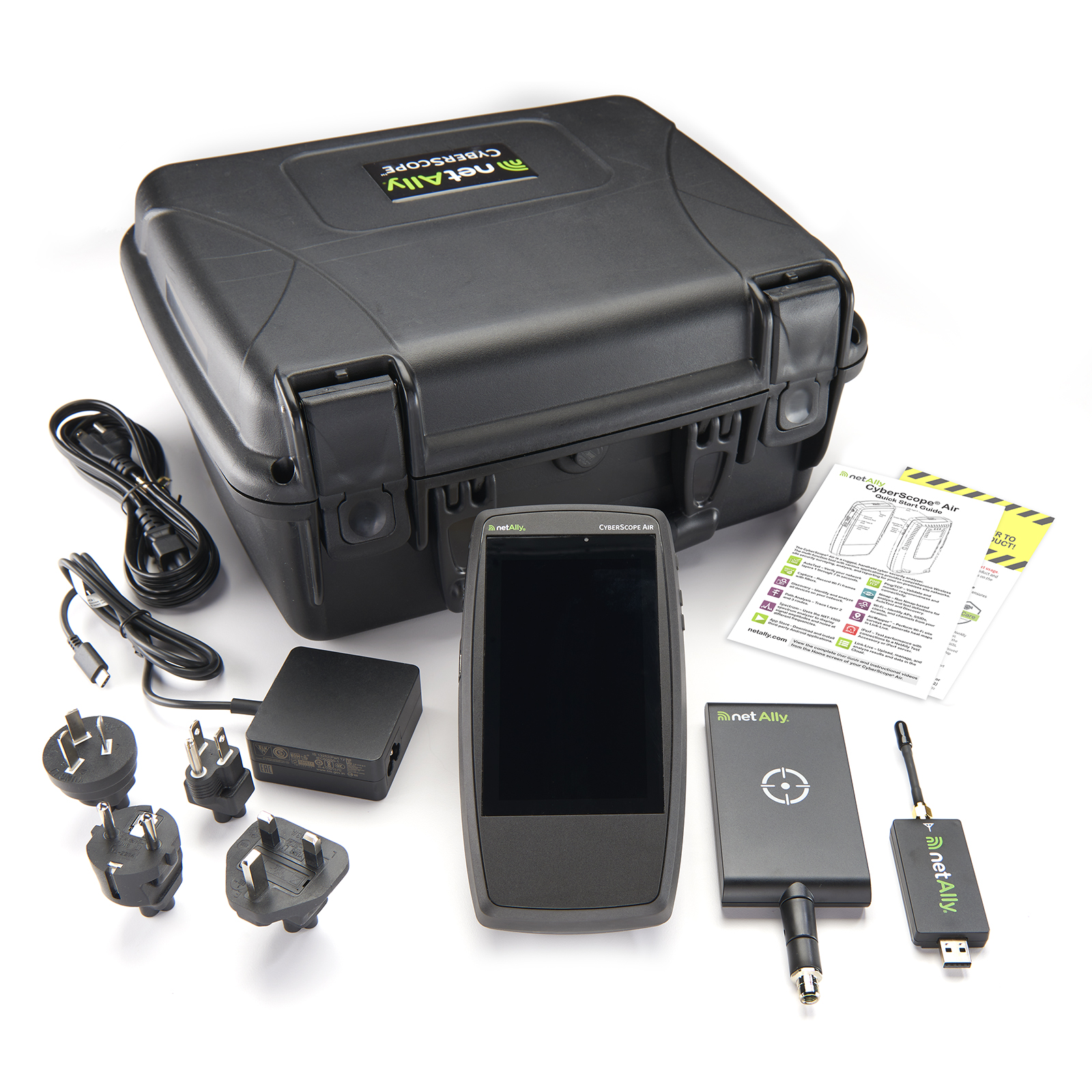 The NetAlly CyberScope® Air kit includes the CyberScope Air scanner, directional antenna for rogue hunting, spectrum analysis antenna for RF visibility, and international power adapter.