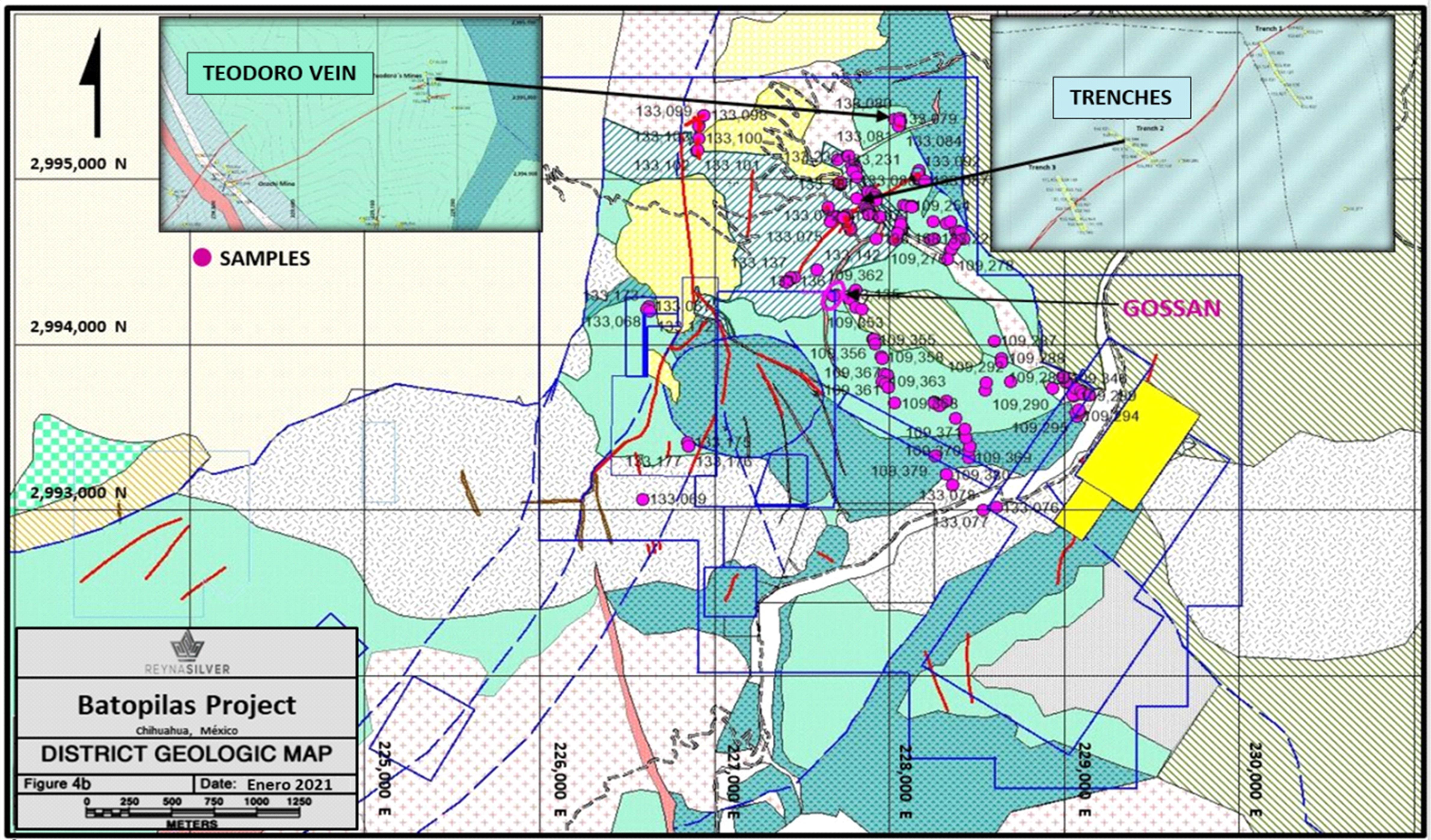 Figure 2. Geological Map of the Batopilas Project area and the sampling locations of the 2020 Exploration Program at Batopilas.