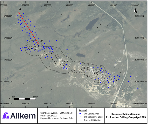 Plan view showing drilling conducted during the 2023 drilling program (blue dots)