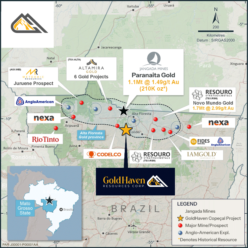 Figure 3: Location of the Copeçal Gold Project within Alta Floresta gold province, with competitor locations.