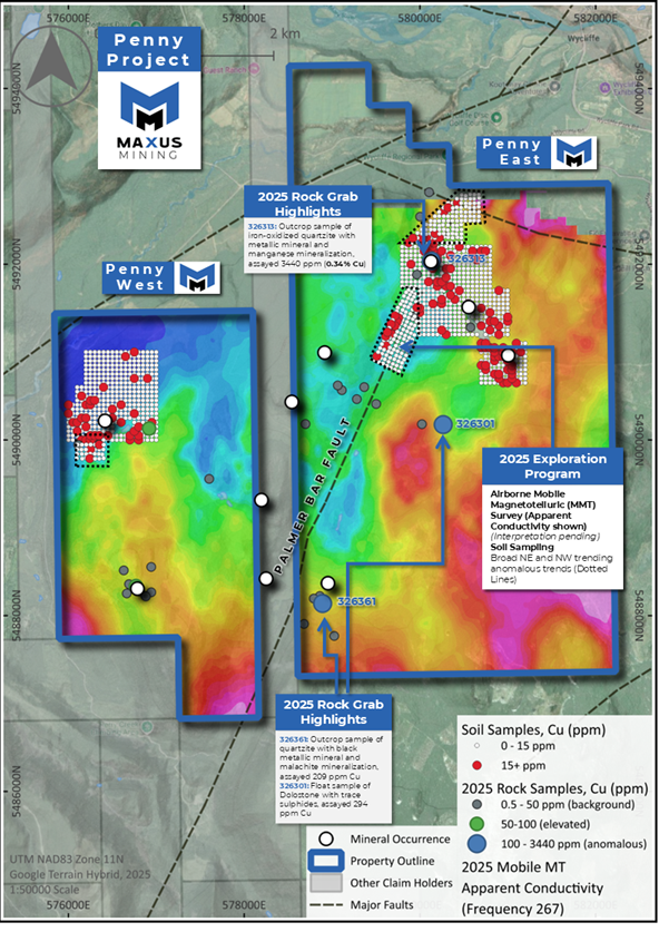 Figure 1: Penny Project MobileMT Survey overlain with 2025 Field Sampling Highlights image