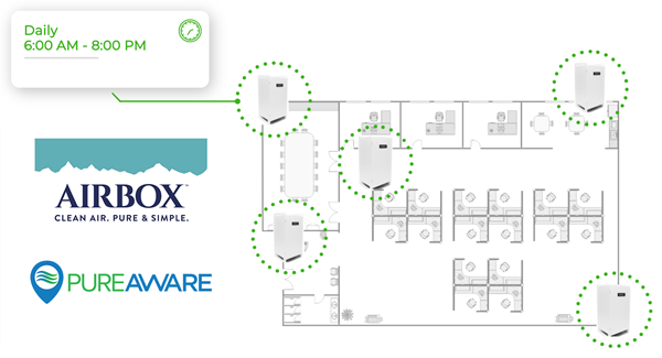 AirBox has partnered with PureAware to allow commercial customers to control, program, and schedule their entire fleet of air purifiers to improve energy efficiency, optimize longevity of the filters, reduce maintenance hours and monitor that the purifiers are on and working properly.