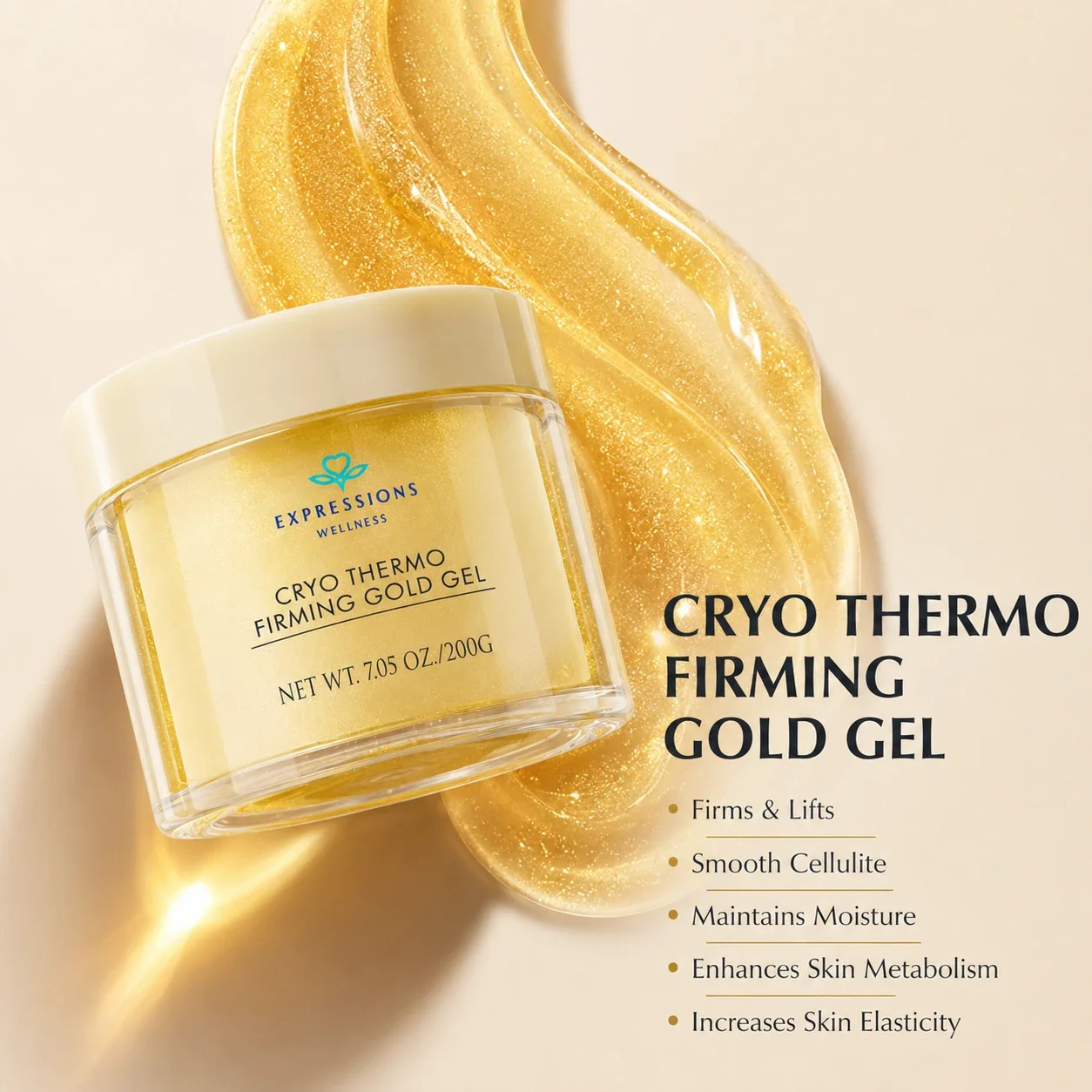 Luxury Cryo Thermo Gold Gel with benefits firms, lifts, smooths, hydrates, and boosts elasticity.