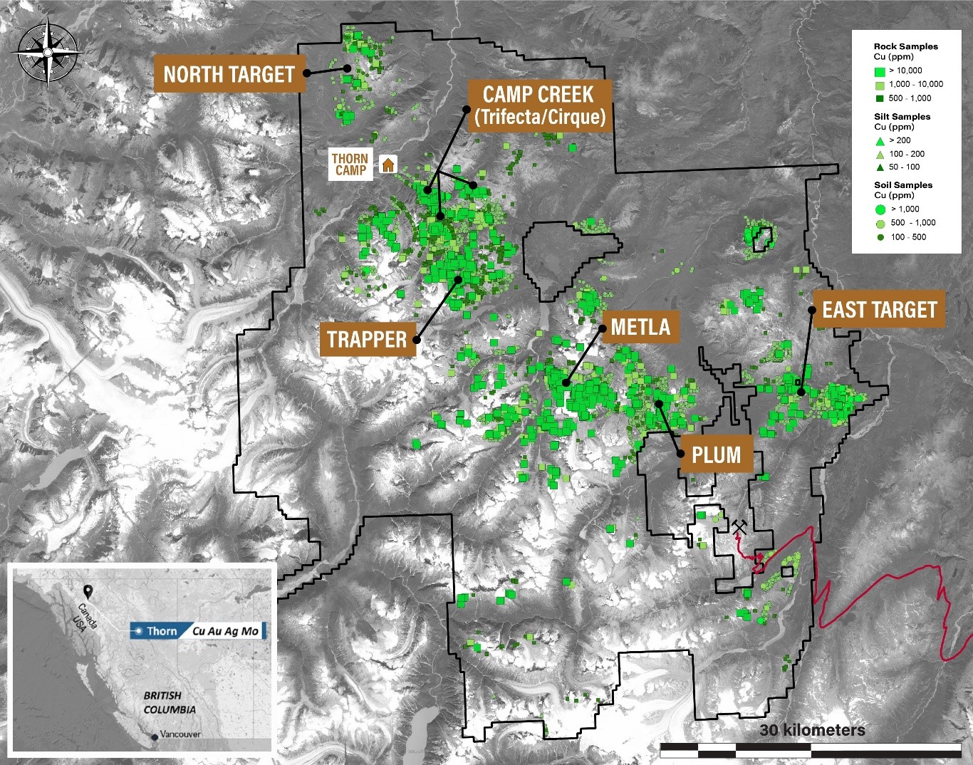 Figure 1_Thorn Proj Copper Geochem and 2024 Target Areas