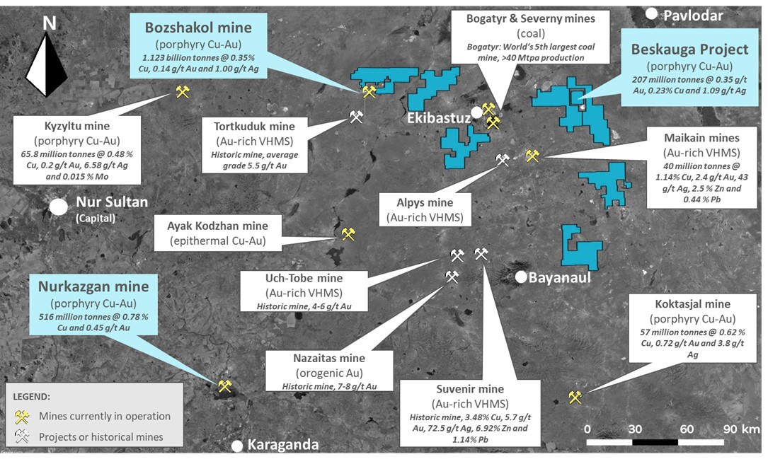 Arras’ mineral exploration licences in northeastern Kazakhstan. Also shown is the location of neighboring current and historical mines, including several significant gold-rich VHMS and porphyry copper-gold deposits.