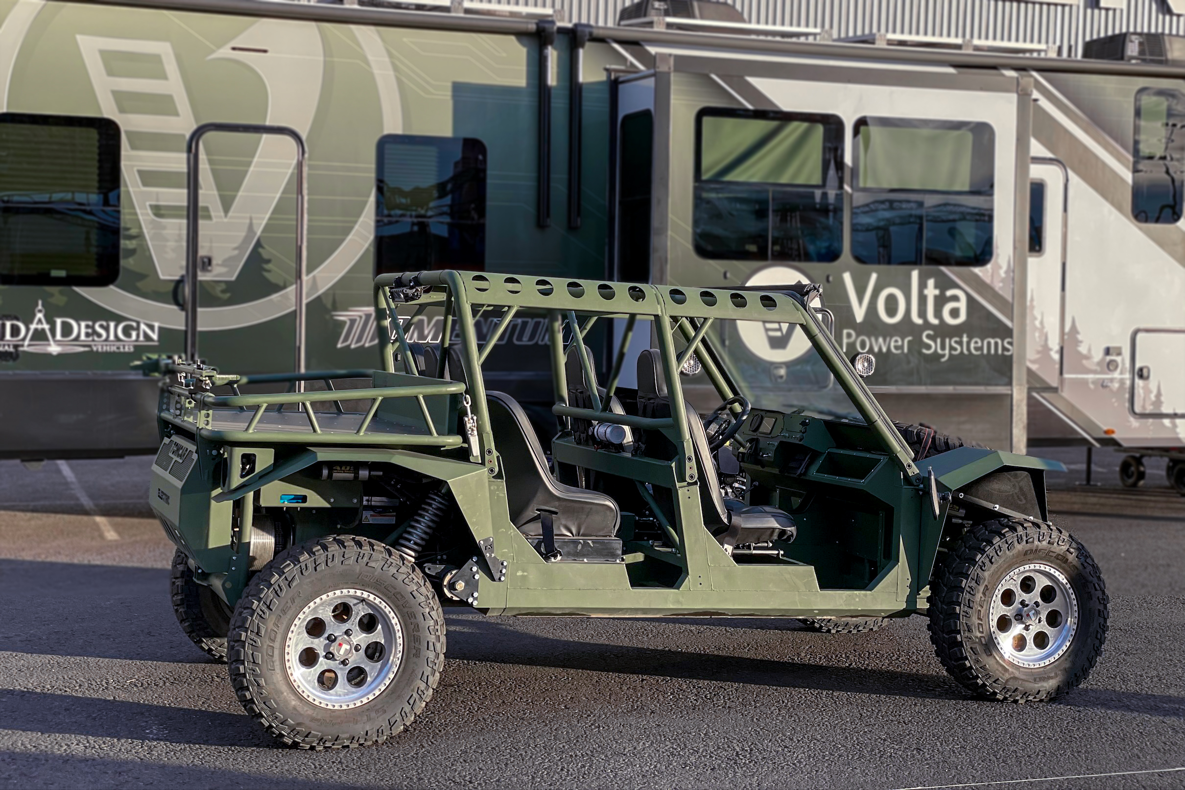 The Volta-equipped Grand Design Momentum Fifth Wheel and TOMCAR at SEMA in Las Vegas