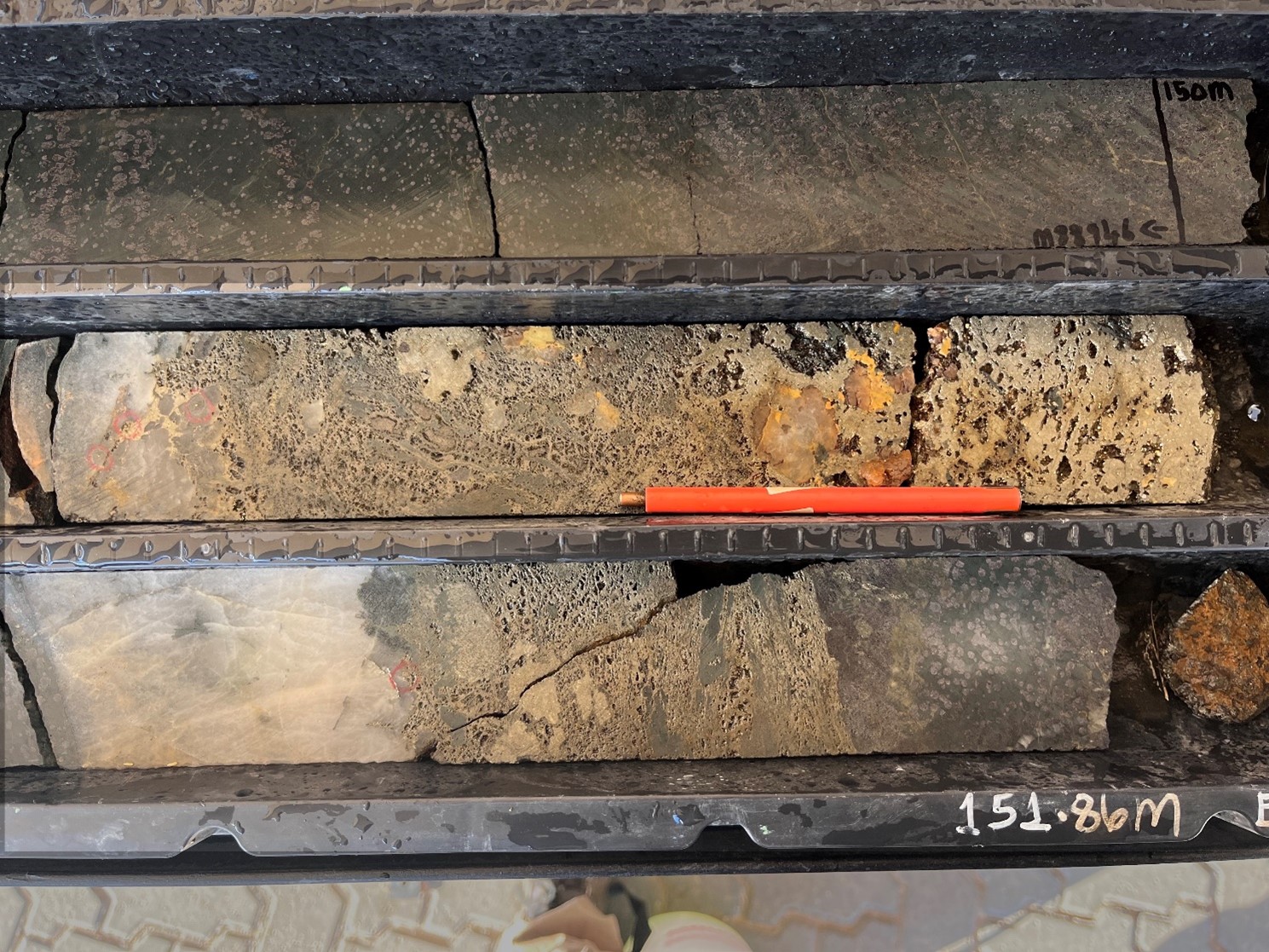 Hole ORD001 - Massive sulphide breccia dominated by pyrrhotire, pyrite and chalcopyrite containing fragments of vein quartz (Note visible gold circled in red, hosted by massive sulphide filling cracks in the quartz veins).